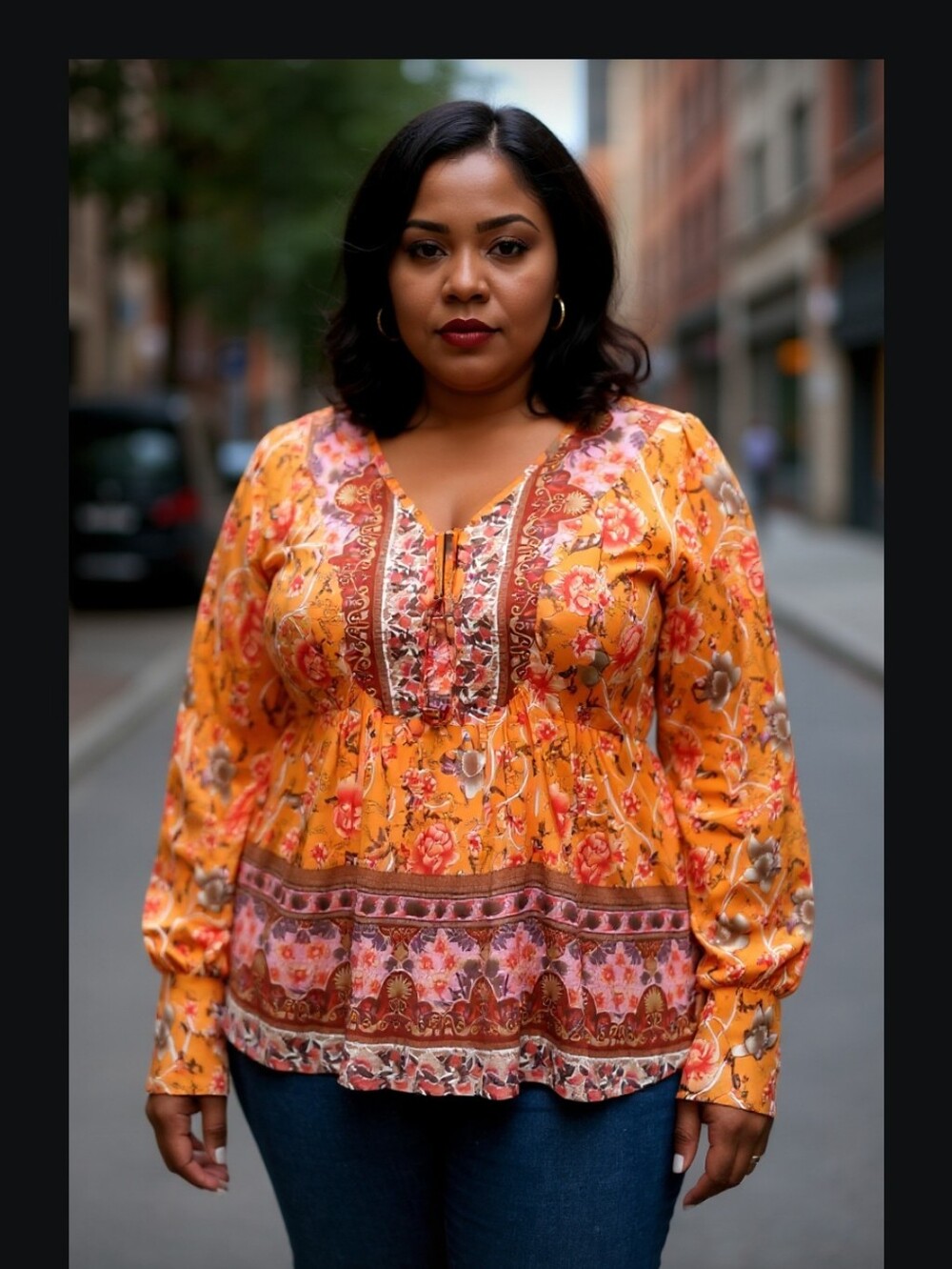 Shein 1x Floral Peasant Blouse in Peachy Orange EARRINGS INCLUDED